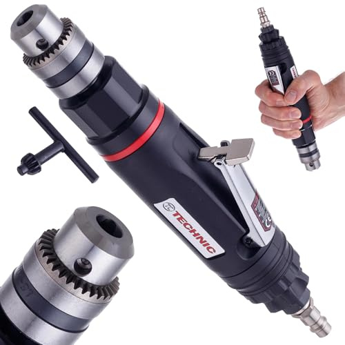 TC TECHNIC - Druckluft Bohrmaschine Gerade, Pneumatische Bohrwerkzeug 1,5–10 mm, Spannfutter mit Schlüssel, regelbare Drehzahl - für Arbeiten an eingeschränkten Stellen, 6,3 bar