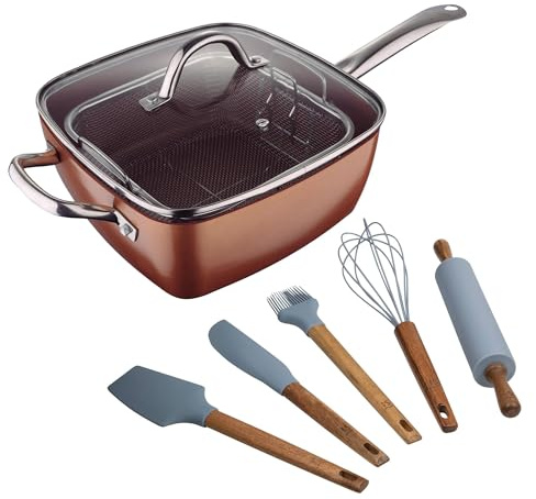 Optimum Copper Bergner quadratisches Pfannen-Set, 24 x 24 cm, aus gepresstem Aluminium + 5-teiliges Küchenutensilien-Set aus Silikon und Holz