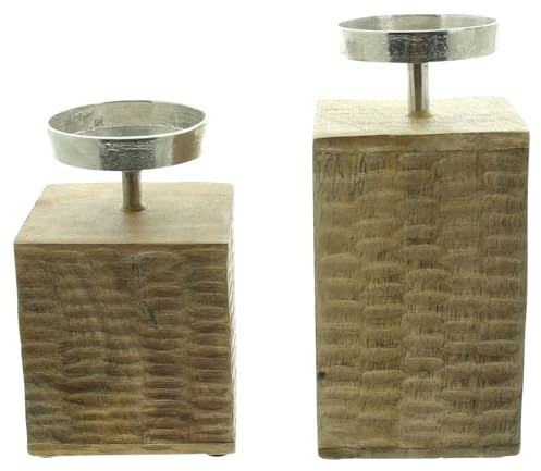 FRANK FLECHTWAREN Kerzenhalter Holzsäule, 2er Set, Mangoholz, Aluminiumguss Maße: 10 x 10 x 14 cm, 10 x 10 x 19 cm, Kerzenteller Ø 7 cm, passend für Kerzen max. Ø 6,8 cm, ohne Kerzen