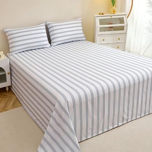 3er Set Bettlaken - Bettlaken mit 2 Kissenbezügen - Betttuch - Farbige Streifenblatt - Gemusterte Blatt- Haustuch Laken 100% Polyester ohne Gummizug Gemusterte Blatt (Grau-Weiß Streifen(A), 229×259CM)