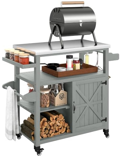 Outsunny Gartenseitentisch Plancha Outdoor Räder 107x49,5x92,5cm Grau | BBQ Kücheninsel mit Edelstahlschale, Schrank, offene Regale, Gewürzregal, Handtuchhalter, Holz.