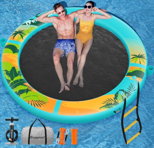 Groß Aufblasbare Badeplattform Sunchill 240/300 cm, Badeinsel Runde Schwimminsel für 2-5 Personen, Wasserinsel Schwimmende Ring mit Heavy Duty Netz, Floating Dock Insel für Pool, See, Strand & Ozean