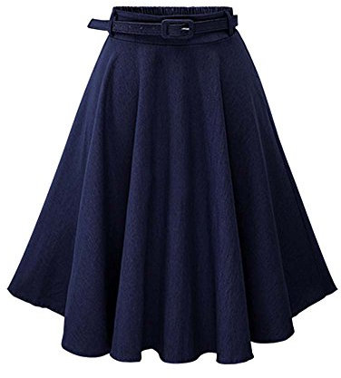 Damen Rock Jeansrock Faltenrock Midirock A-Linie Mit Gürtel Denim Knielang Plissee Rock Dunkelblau