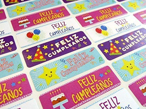 Pack of 32 Feliz Cumpleanos Spanish Birthday Greeting Stickers, Colourful Self-Stick Labels for Cards, Envelopes, Craft, Decoration