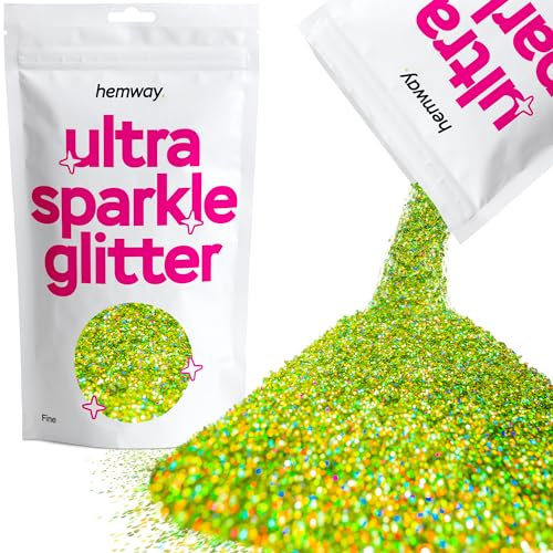 Hemway Ultra Sparkle Glitter - Lime Green Holographic | Fine Metallic Flakes for Resin & Epoxy Crafts | Supplies for Tumblers, Festival, Hair, Face, Body, Eye & Nail Art Decoration | 100 g