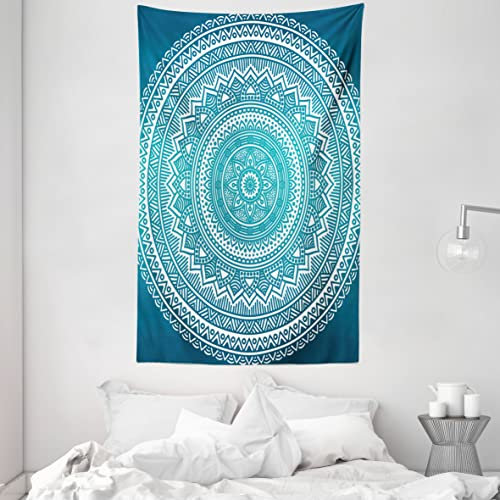 ABAKUHAUS Türkis Ombre Wandteppich, Mandala Medaillon Sternendesign mit Blume in der Mitte Kunst, aus Weiches Mikrofaser Stoff Wand Dekoration Für Schlafzimmer, 140 x 230 cm, Dunkles Türkis