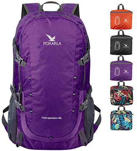 POKARLA 40L Foldable Rucksack Travel Hiking Daypack Durable Lightweight Walking Camping Folding Sports Outdoor Backpack Water Resistant Ultra Lightweight Packable Carry On Bag Unisex Purple