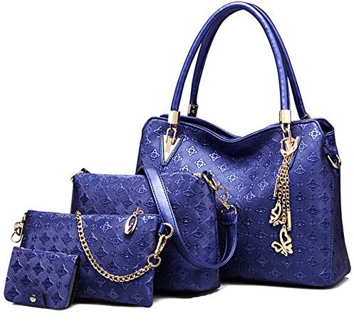 FiveloveTwo Damen Umhängetasche Schultertasche Henkeltaschen Quaste Drucken Handtasche 4-teiliges Set Geldbörse Shopper Taschen Clutches Kartenhalter Brieftasche Blau