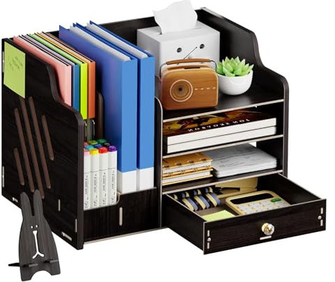 Catekro Schreibtisch-Organizer aus Holz, Großes Fassungsvermögen, Schreibtisch-Organizer, A4-Papier-Dokumentensortierer, DIY-Bürobedarf, Aufbewahrungsbox für Zuhause Schwarz