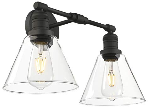 Phansthy Dual Light Vintage Wall Light 7.1 Diameter Funnel Glass Industrial Wall Sconce for Kitchen Living Room Hallway Bedroom Vanity Mirror Double Head Decorative Light (Black)