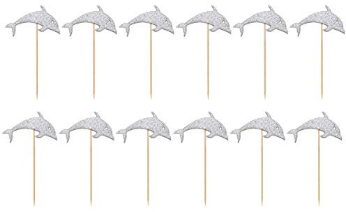 PRETYZOOM 12 Stück Silber Glitter Delfin Cupcake Topper Thema Geburtstagsfeier Festival Liefert
