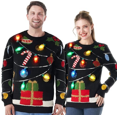 JOYIN Damen-Weihnachtspullover mit LED-Beleuchtung, Lichterkette, Ugly Xmas Strickwaren, integrierte Glühbirnen, roter Pullover für Damen