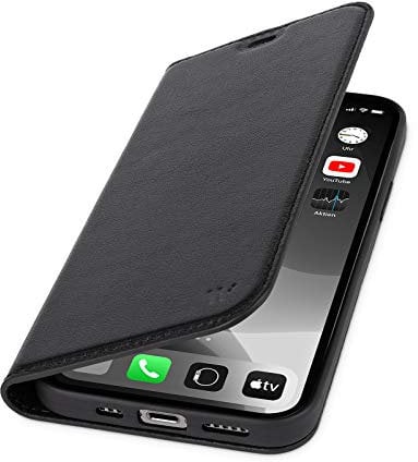 WIIUKA Hülle für iPhone 12 Pro Max, Lederhülle mit Kartenfach, extra Dünn, Premium Leder, Handyhülle mit Standfunktion, Tasche Schwarz