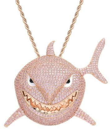 ICEDIAMOND Fancy Pink Lab Diamond Shark Anhänger mit Iced Out Cuban Chain Halskette, 18 Karat Rosévergoldet L-Size Hip Hop Schmuck für Männer Frauen (Rose,24''Rope)