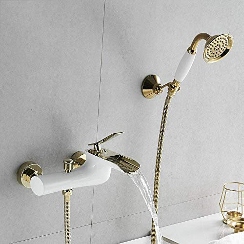 MTYLX Wasserhahn-Bad-Duschsysteme Badewannenarmaturen, Chrom-Bad-Duschset Weißes Duschset Badewannen-Mischbatterie Dual Control-Dusche Wandmontage Für Badezimmer,Gold