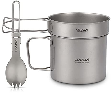 Lixada Juego de Utensilios de Cocina de Titanio Ultraligero para Acampar Al Aire Libre,Olla de 900 ml / 1100 ml,Sartén de 350 ml con Spork Plegable