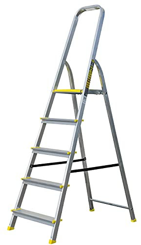 Bayersystem BS-DA5 150 Trittleiter mit 5 Stufen, Aluleiter, bis 150 kg belastbar, max. Arbeitshöhe 2,99 m, Klapptrittleiter mit Handlauf, Anti-Rutsch-Füße, Klapptritt für Haushalt, Silber/Gelb