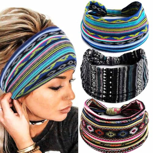 Zoestar Boho breite Stirnbänder blau gestreift Haarbänder geknotet Turban Kopftücher Stilvoll Elastisch Dicke Kopf Wraps für Frauen und Mädchen (3 Stück) (B)