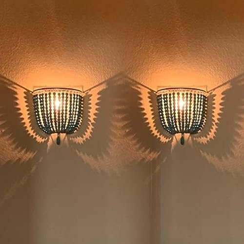 Newrays Holzperle Wandleuchte Wandlampen Boho Vintage Retro mit fest verdrahtet für Schlafzimmer Armaturen (Grau Blau-2 Pack)