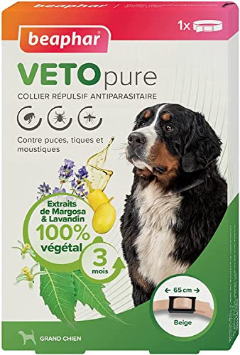 Beaphar – Vetopure – Collier Répulsif Antiparasitaire pour Grand Chien – aux Extraits de Margosa & de Lavandin – Contre Les Puces, Tiques et Moustiques – Protection 3 Mois – Collier Beige de 65cm