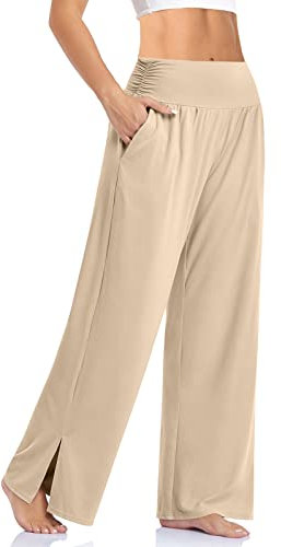 UEU Damen-Yogahose mit weitem Bein, hohe Taille, verstellbarer Knoten, leger, lockere Passform, Lounge-Sweathose mit Taschen, Hellkhaki, S