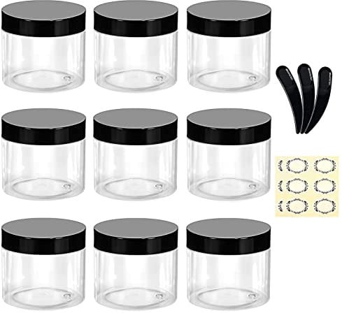 Alledomain 9Pcs 50g/50ml Empty Plastic Jars with 3 Mini Spatulas & 12 Labels Round Clear Cosmetic Sample Container with Inner Liners & Black Lids Travel Storage for Lotion Cream Ointments Makeup