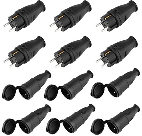 Schukostecker und Schukokupplung, Schutzkontaktstecker, 6er Pack Schutzkontakt Set mit Knickschutz, Kann für 0.5-3cm² Kabel, IP44, 230V, 16A