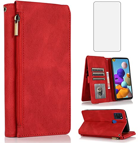 Asuwish Compatible with Samsung Galaxy A21S Wallet Case Tempered Glass Screen Protector Zipper Leather Flip Cover Card Holder Stand Cell Accessories Phone for Glaxay Galaxies A 21S Women Men Red