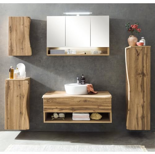 Lomadox Badezimmer Set in Wotan Eiche Nb. mit Baumkantenoptik LED Spiegelschrank und Keramik Waschbecken, B/H/T: 216/200/52 cm