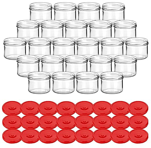 gouveo 24er Set Einmachgläser 230 ml rund mit Schraubdeckel rot - Vorratsgläser mit Drehverschluss TO82 - Marmeladengläser, Einkochgläser, Wurstgläser