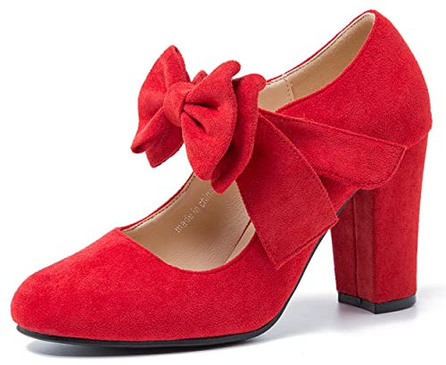 MAIERNISI JESSI Mary Jane Damen-Schuhe mit Schleife und Blockabsatz mit rundem Pumps und geschlossenem Zehenbereich, rot, 39 EU