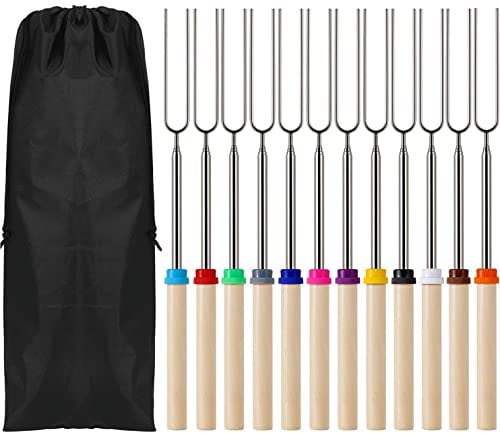 KAHEIGN 12Pcs Grillspieße Edelstahl Marshmallow BBQ Roasting Sticks, 31cm - 81cm Teleskop Grillspieß Bratstäbchen mit Holzgriff Lagerfeuerspieße Hot-Dog Gabeln für Camping Grill (12 Farben