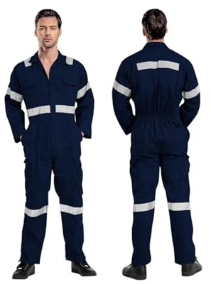 ProMaxFit Men's Long Sleeves Coverall Boiler Suit for Workshop Mechanics - Gray Color, 9 Sizes - Overall Cotton Blend Jumpsuit for Painters, gardeners, Welders and builders. (BLUE REFLECTER, 5XL)
