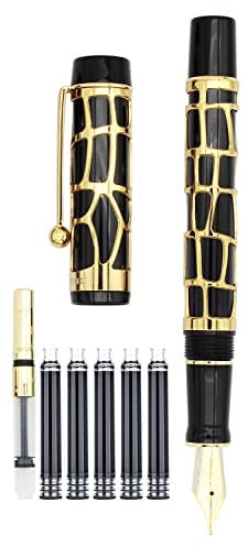Gullor Century 100 Fountain Pen, Skeleton Hollow-out Series Golden, Screw-Cap, Fine Nib, Black