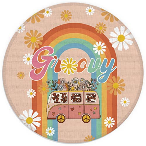 Groovy Retro 70er Hippie Daisy Bus Peace kleines Mauspad 20 x 20 cm, waschbares rundes Stoff-Mauspad für Büro, Laptop, Computer, rutschfeste Gummiunterseite für kabellose Maus, Teenager-Mädchen,