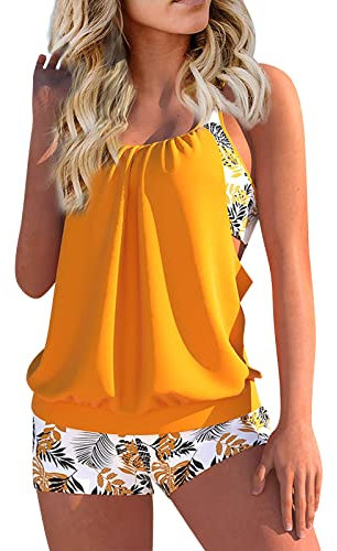 Maillot De Bain Grande Taille Tankini Maillot De Bain Femme 2 Pieces Bandeau Sexy Maillot De Bain Imprimé HawaïEn pour Cacher Le Ventre Maillot De Bain Natation Push Up Rembourré(Orange,XL)