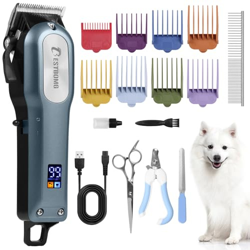 BESTBOMG Professionelle Fellpflegeschere für dickes, schweres Fell, geräuscharm, wiederaufladbar, LED-Display, kabelloser Haustierrasierer für kleine und große Hunde und Katzen