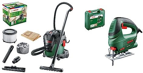 Aspirateur d'atelier Bosch - Universalvac 15 (Livré avec Set d'accessoires) & Scie Sauteuse Filaire Bosch - PST 650 (500 W, Livrée avec Coffret de Rangement et 1 Lame de Scie pour Bois T144D)