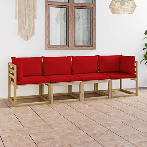 Homgoday 4-Sitzer-Gartensofa mit Roten Kissen Gartenmöbel Set Sofa Garnitur Lounge Sofa Sitzgruppe Gartensofa Couch Sitzgarnitur Gartenset Balkon Terrasse Garten
