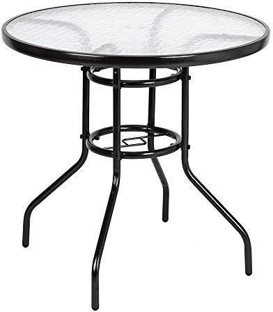 VINGLI Runder Terrassentisch mit Schirmloch, 81,3 cm, Outdoor-Esstisch, Stahl, gehärtetes Glas, Terrassentisch, runder Outdoor-Tisch für Balkon, Garten, Terrasse