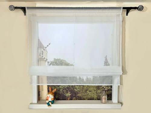 Devola Raffrollo Einfarbig Voile Raffgardinen Küchengardinen Transparent Bändchenrollo mit Tunnelzug Fertiggardinen Moder HxB 140x140cm Weiß 1 Stück