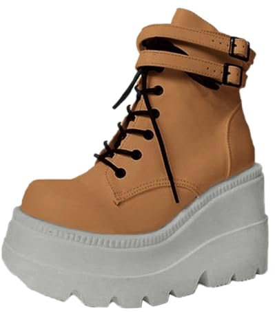 ticticlily Stivaletti Donna Zeppa Alta Caviglia Stivali Plateau con Suola con Stringate Cerniera Laterale Pizzo Fibbia A Marrone 36 EU