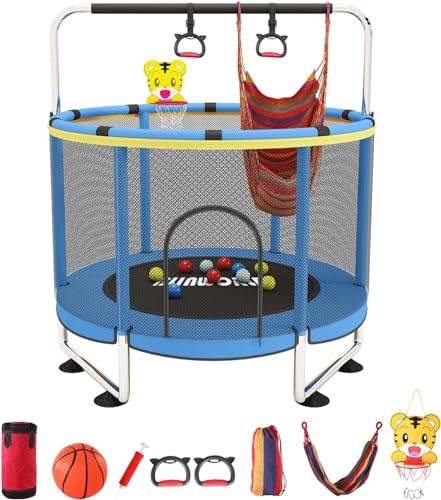 BLINWORLD Trampoline for Kids, 55 Inch Adjustable Baby Toddler Trampoline with Basketball Hoop, 440lbs Indoor Outdoor Toddler with Enclosure (Blue)