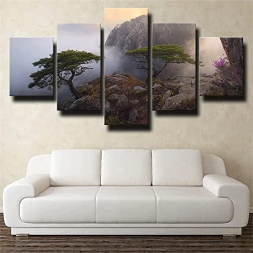 Home Decor Leinwanddruck Poster 5 Stück Nebel Baumkrone Berg (L/Ohne Rahmen 150 X 80 Cm) Wandkunst Yacht Moderne Kunstwerke Bilder Gemälde Für Wohnzimmer Schlafzimmer Esszimmer Büro Kinderzi -6P3B+F0O