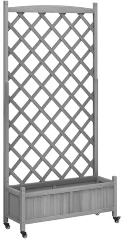 vidaXL Pflanzkübel mit Rankgitter Rollen, Blumenkasten mit Spalier, Pflanzgefäß für Terrasse Garten, Pflanzkasten, Grau Massivholz Tanne