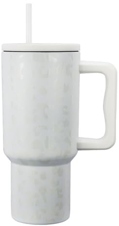 30oz Thermobecher mit Griff und Stroh, Kaffeebecher to Go, Doppelwandiger Edelstahl Vakuum Isolierbecher Große Kapazität für Tee Kaffee Wasser bestes Geschenk (Cremefarbener Leopardenmuster, 887ml)
