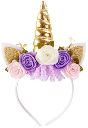 Nishin Bandeau licorne non tissé fleurs oreilles de chat Poney Bandeau à paillettes Klaxon pour jeux de rôle Licorne Accessoires de fête (doré, beige)