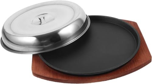 Teppanyaki - Parrilla de inducción para parrilla de carne, placa de hierro fundido, para servir, sartén chisporroteante, plancha de madera con tapa, acero inoxidable