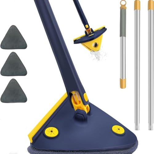 Mopa Triangular 360º con 3 Recambios, Limpia Suelos, Techos, Paredes y Ventanas, Mopa Autoescurrible Giratoria Triangular Microfibra, Fregona Autoescurrible 360