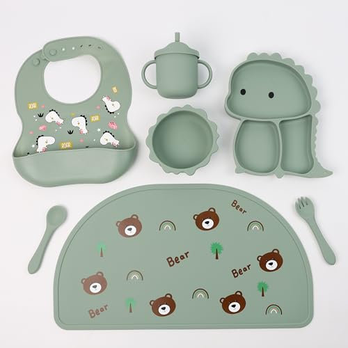 DIVCHI Baby Weaning Set, Silicone Baby Feeding Set of 7 with Suction Bowl, Spoon, Fork & Cup | Weaning Set, Suction Bowl and Baby Plate, Baby Feeding Set, Baby Gifts & Presents (Green)